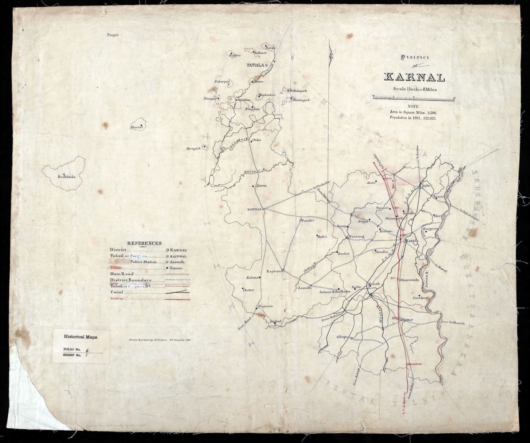 Historical map of Karnal District drawn in 1884 from an 1881 map