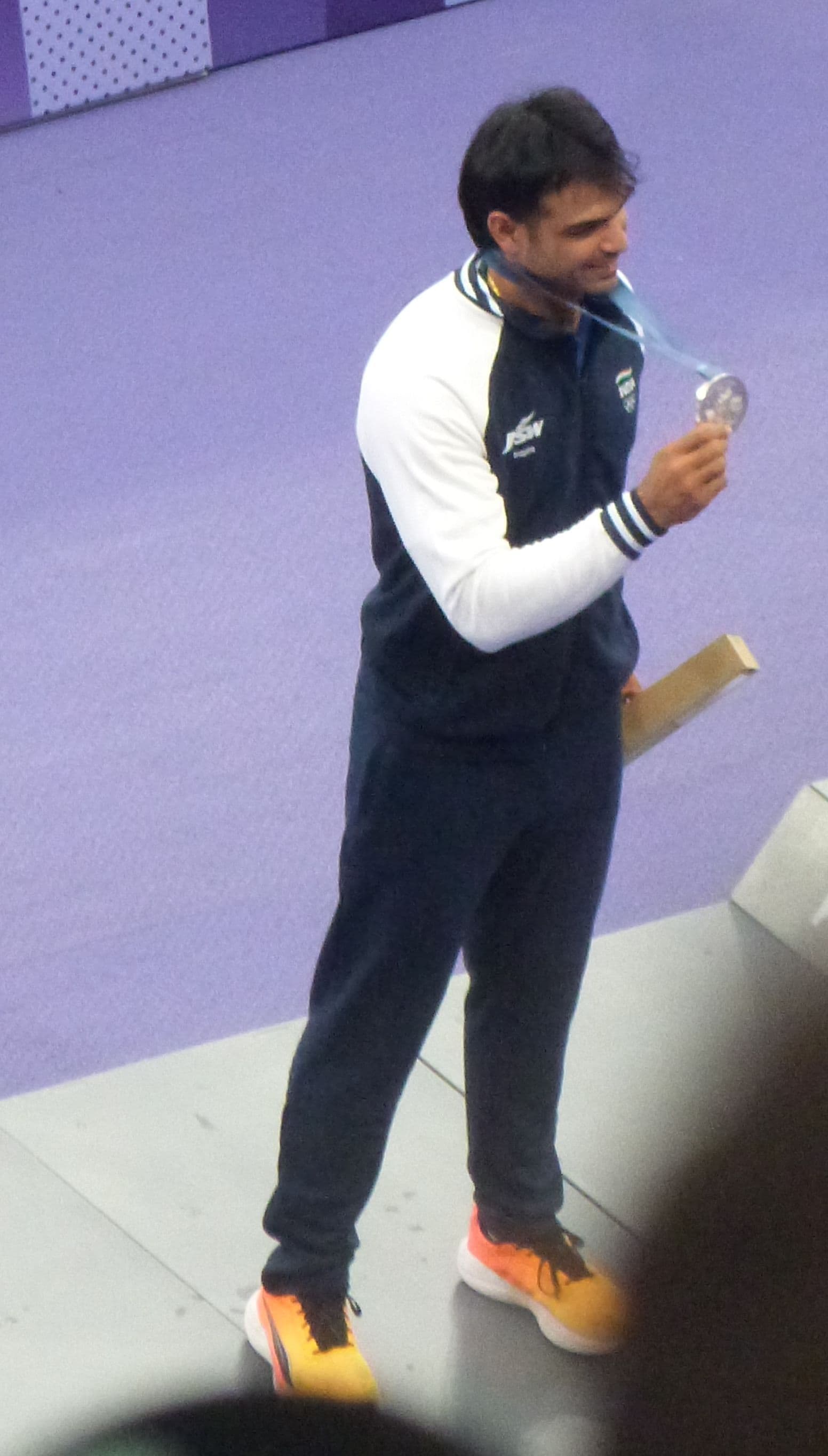 Neeraj Chopra on the men’s javelin podium at Paris 2024